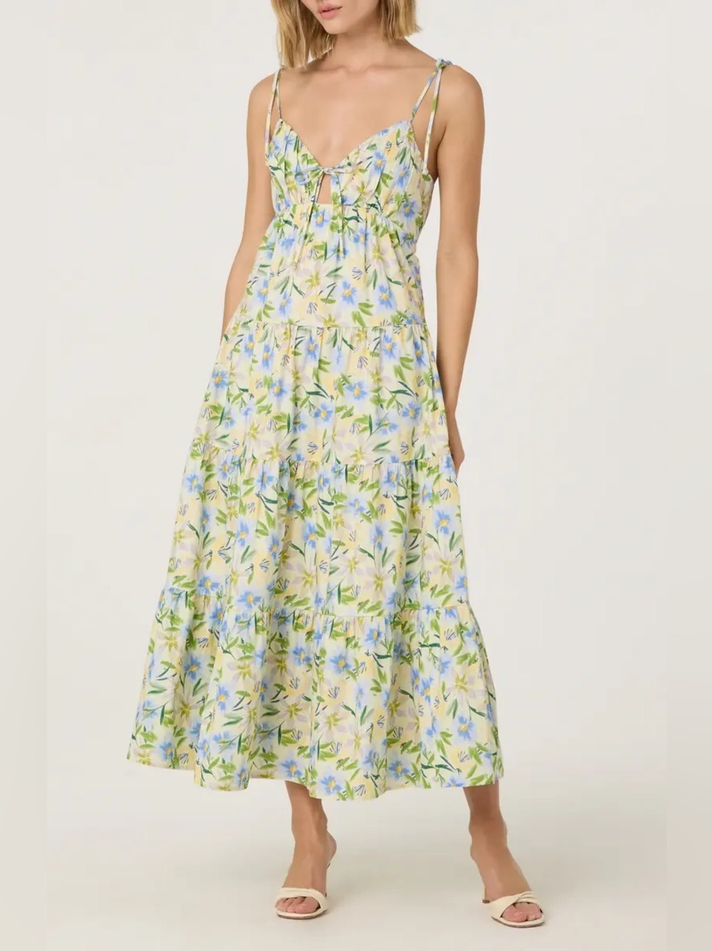 ASTR the label floral Tie Strap Tiered Maxi Dress NEW large
